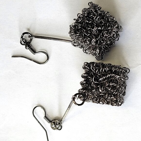 Black Cube Drop Dangle Earrings - Picture 3 of 14